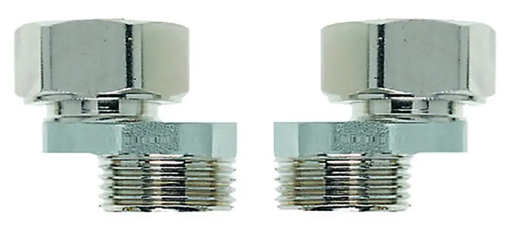 Zwei chromierte S-Anschlüsse mit einem G3/4-Gewinde, hergestellt von IMI Hydronic Engineering, zur Verbindung von Rohrleitungen.